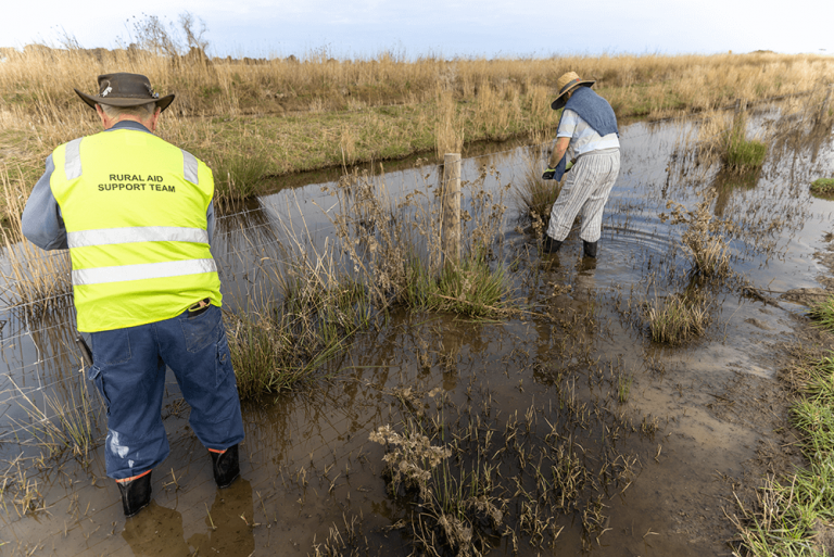Volunteers wade through water to help Kerang farmers Rural Aid Media